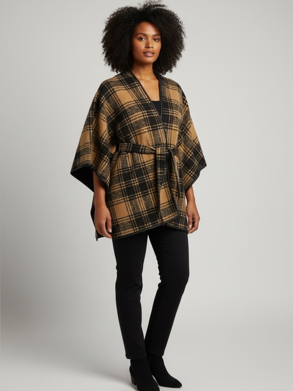 Rachel Roy Black and Brown Plaid Fleece Belted Wrap Poncho Size L/XL - NWT